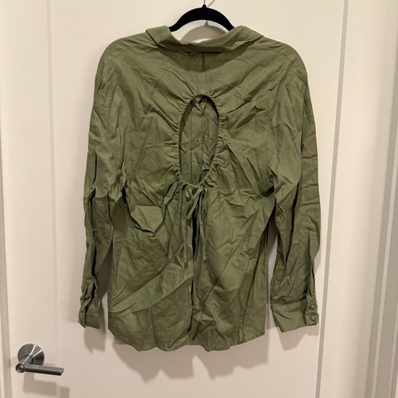 NWT ZARA Olive Green Linen Open Back Tie Blouse L - Picture 6 of 8